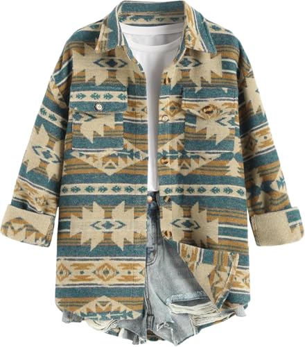 Suncadmious Damen Aztekenjacke Ethnischer Western-Stil Langarm Vintage Button Down Jacke Jacke mit Taschen (blau,L) von Suncadmious