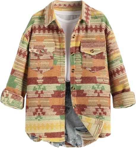 Suncadmious Damen Aztekenjacke Ethnischer Western-Stil Langarm Vintage Button Down Jacke Jacke mit Taschen (orange,M) von Suncadmious