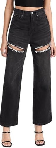 Suncadmious Damen Baggy High Waist Jeans mit Strass Nieten Cut Outs Ripped Bedazzled Denim Mode Y2K Wide Leg Pants (schwarz,M) von Suncadmious