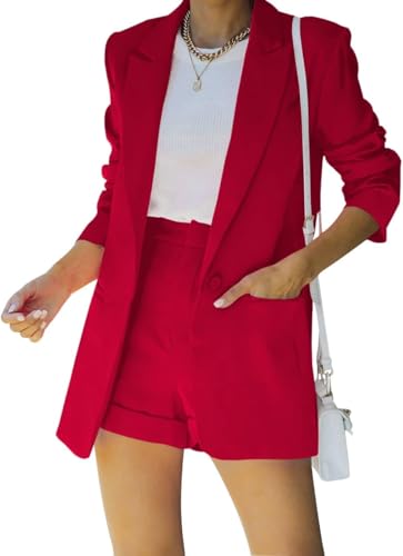 Suncadmious Damen Blazer Matching Shorts Sets 2 Stück Outfits Kurz anzüge (Rot,L) von Suncadmious