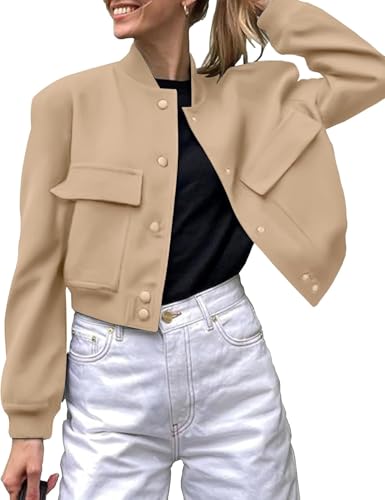Suncadmious Damen Bomber Jacke lässig Button Down Varsity Jacken Shackets mit Taschen Outwear (Khaki,M) von Suncadmious