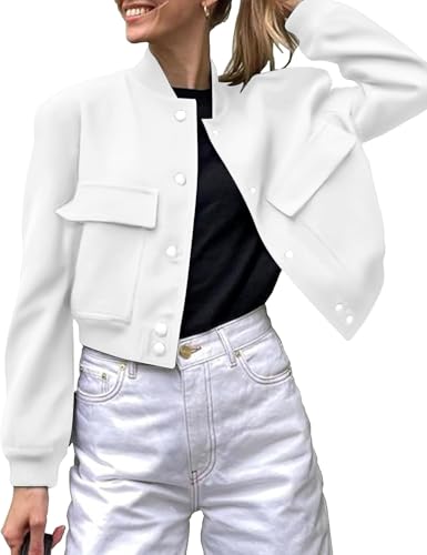 Suncadmious Damen Bomber Jacke lässig Button Down Varsity Jacken Shackets mit Taschen Outwear (Weiß,M) von Suncadmious