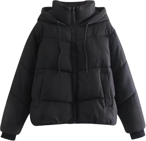 Suncadmious Damen Crop Kapuzen-Puffer Jacke mit Reiß Verschluss Winter Geste ttete warme Kurze Jacke Oberbekleidung (Schwarz,M) von Suncadmious