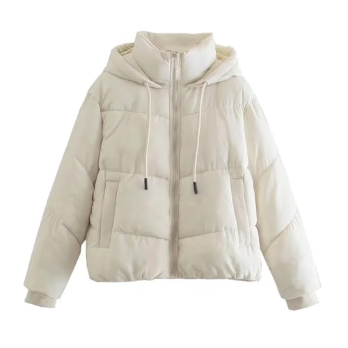 Suncadmious Damen Crop Kapuzen-Puffer Jacke mit Reiß Verschluss Winter Geste ttete warme Kurze Jacke Oberbekleidung (Weiß,M) von Suncadmious