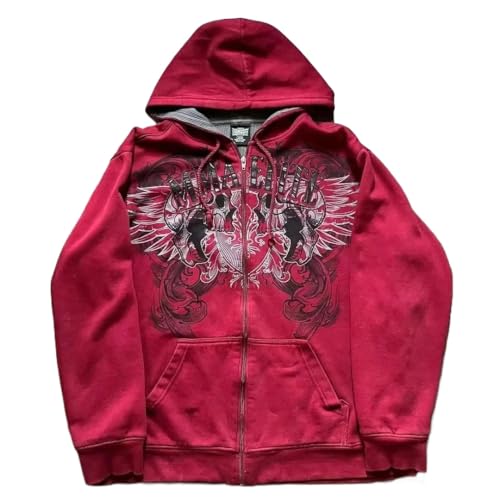 Suncadmious Damen Damenmode 90er Retro Muster Print Übergroßer Reißverschluss Hoodie Graffiti Print Lose Casual Hoodie Paar Streetwear (Rot,S) von Suncadmious