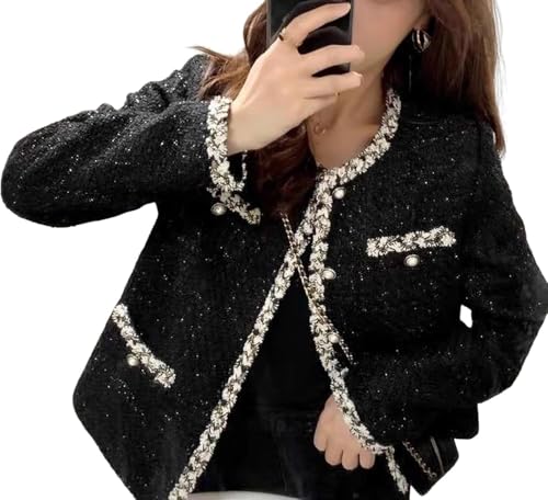 Suncadmious Damen Elegant Lässig Koreanisch Tweed Blazer Temperament Runder Kragen Lässig Kariert Blazer Knopfleiste Mantel Kurze Jacke (schwarz,S) von Suncadmious