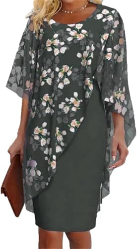 Suncadmious Damen Elegantes Formal Floral Layered Kleid Zweiteilig Rundhalsausschnitt Midi Ärmel Mutter der Braut Bleistiftkleid mit Placket Ärmel Bedrucktes Set (Rot,XXL) von Suncadmious