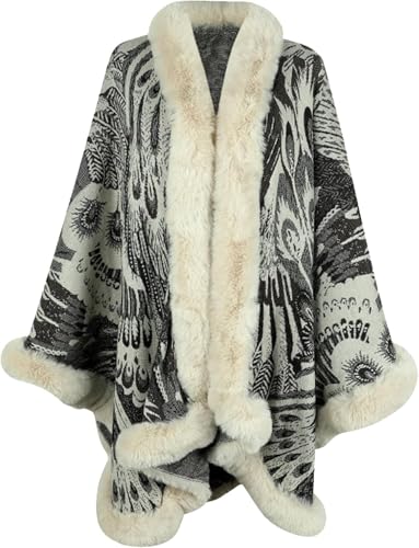Suncadmious Damen Faux Pelz Trim Mantel Schal Wrap Winter Vintage Offene Front Strickjacke Poncho Cape Umhang (Beige,Eine Größe) von Suncadmious
