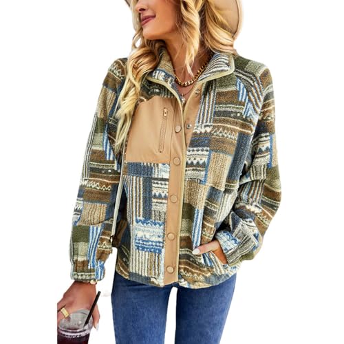 Suncadmious Damen Fleece Jacke Western Aztec Print Langarm Snap Button Down Shacket Jacken mit Taschen (Khaki,M) von Suncadmious