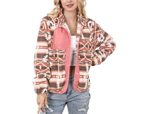 Suncadmious Damen Fleece Jacke Western Aztec Print Langarm Snap Button Down Shacket Jacken mit Taschen (Rosa,XL) von Suncadmious