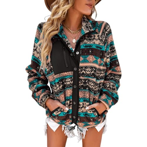 Suncadmious Damen Fleece Jacke Western Aztec Print Langarm Snap Button Down Shacket Jacken mit Taschen (schwarz,XXL) von Suncadmious