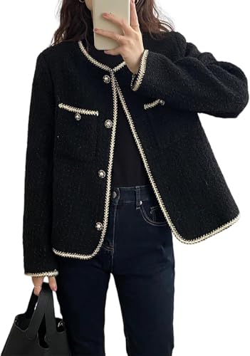 Suncadmious Damen Französisch Vintage Tweed Jacke Business Casual Knit Blazer Langarm einreihig Rundhalsausschnitt Jacke Streetwear Jacke (Schwarz,XL) von Suncadmious