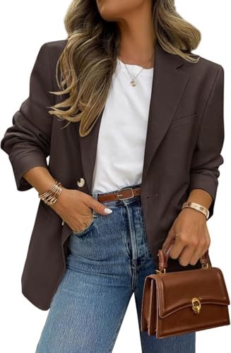 Suncadmious Damen Frühling Langarm Revers Business Büro Langarm Blazer Arbeitskleidung Blazer mit Taschen Knopftasche Revers Schlanke Karrierejacke (Dunkelbraun,S) von Suncadmious