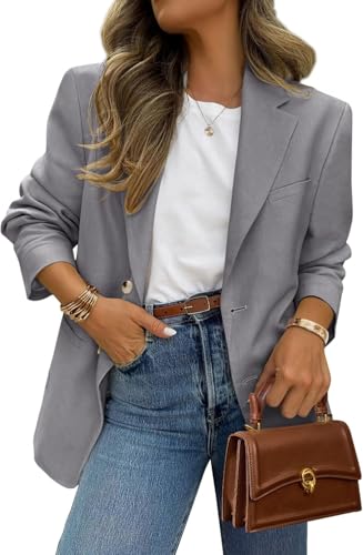 Suncadmious Damen Frühling Langarm Revers Business Büro Langarm Blazer Arbeitskleidung Blazer mit Taschen Knopftasche Revers Schlanke Karrierejacke (Grau,M) von Suncadmious