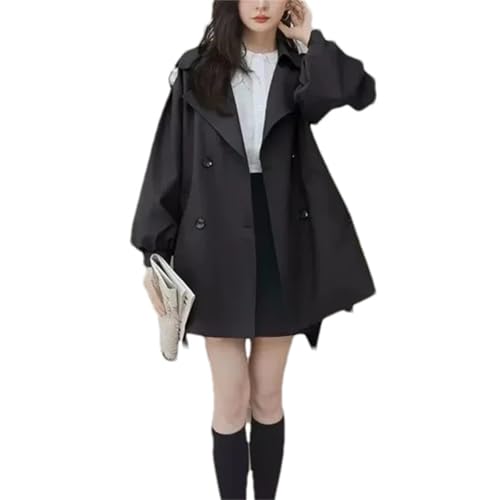 Suncadmious Damen Frühling Langarm Zweireiher Gürtel Trenchcoat Klassisch Retro Lässig Lose Laternenärmel Kurzer Arbeitsmantel Business Büro Jacke (Schwarz,XL) von Suncadmious