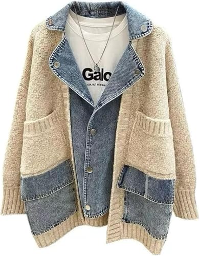 Suncadmious Damen Frühling Mode Spleißen gestrickte Strickjacke Knopfverschluss Jeansjacke lässig mit Taschen langärmelige Jacke College-Stil (Aprikose,L) von Suncadmious