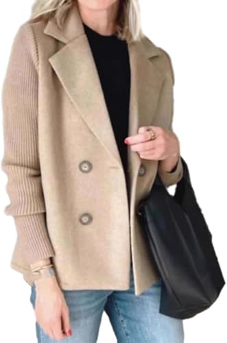 Suncadmious Damen Frühling Revers Knopf Strick Patchwork Ärmel Freizeitjacke Business Krawatte Knopf Casual Tweed Blazer Zweireihiger Blazer Pullover (Khaki,S) von Suncadmious