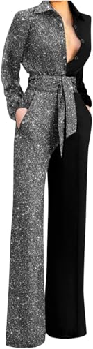 Suncadmious Damen Frühling Sexy V-Ausschnitt Casual Jumpsuit Klassisch Gerade Jumpsuit Set Elegant Business Büro Anzug Hose Set (Silber,M) von Suncadmious