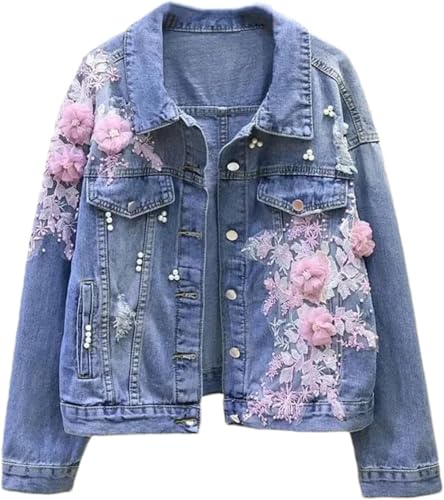 Suncadmious Damen Frühling bestickte Blume kurze Jeansjacke Floral bestickte abgeschnittene Jeansjacke bestickte kubische Blume kurze Jeansjacke (Blau 1,XL) von Suncadmious