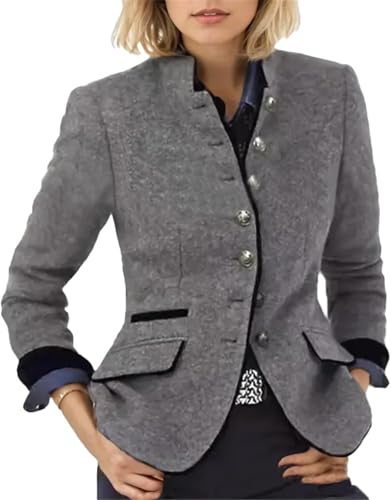 Suncadmious Damen Frühling und Herbst Retro Einreihiger Tweed Blazer Revers Tweed Blazer Elegante Langarm Stehkragen Taillierte Businessjacke Jacke (Grau,XXL) von Suncadmious