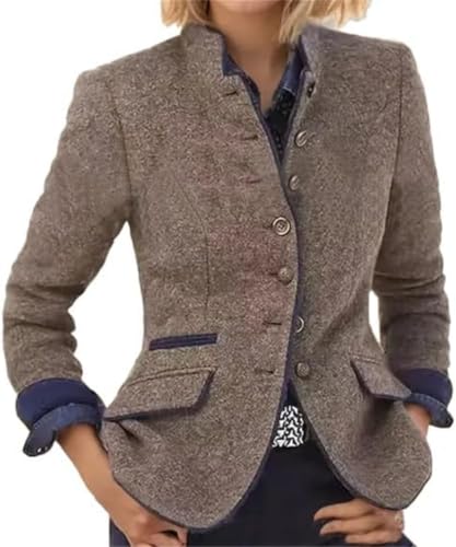 Suncadmious Damen Frühling und Herbst Retro Einreihiger Tweed Blazer Revers Tweed Blazer Elegante Langarm Stehkragen Taillierte Businessjacke Jacke (Kaffee,L) von Suncadmious