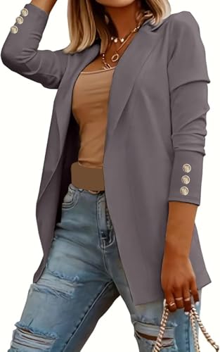 Suncadmious Damen Grau L Langarm Einfarbig Blazer Strickjacke Revers Blazer Karriere Business Arbeit Büro Blazerjacke von Suncadmious