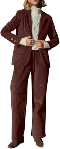 Suncadmious Damen Herbst/Winter Eleganter Revers Cord Blazer Business Büro Langarm Blazer Top + Hose Arbeit Zweiteiliger Cord Anzug (Braun,XL) von Suncadmious