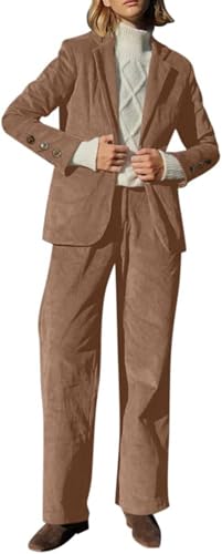 Suncadmious Damen Herbst/Winter Eleganter Revers Cord Blazer Business Büro Langarm Blazer Top + Hose Arbeit Zweiteiliger Cord Anzug (Khaki,S) von Suncadmious