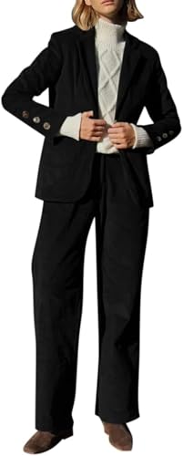 Suncadmious Damen Herbst/Winter Eleganter Revers Cord Blazer Business Büro Langarm Blazer Top + Hose Arbeit Zweiteiliger Cord Anzug (Schwarz,S) von Suncadmious