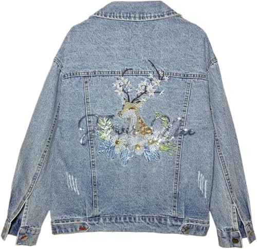 Suncadmious Damen Herbst Bedruckte Jeansjacke mit Lockerem Revers einreihig Bestickt langärmlig Jeansjacke Langarm Knopfleiste mit Tasche Jeansjacke (blau,L) von Suncadmious