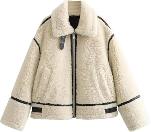 Suncadmious Damen Herbst und Winter Mode Lässige Warme Plüsch Reißverschluss Revers Jacke Warmer Wintermantel für Business Casual und Vorstellungsgespräch Jacke (Mandel,S) von Suncadmious