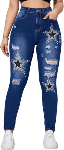 Suncadmious Damen High Waisted Ripped Jeans Strass Stern gedruckt Butt Lifting Skinny Stretch Jeans Denim Hosen (blau,L) von Suncadmious
