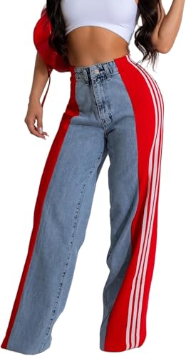 Suncadmious Damen Jeans mit Patchwork Streifen Hohe Taille Lose Denim Farbe Block Jean Gerade Weite Hosen (rot,L) von Suncadmious