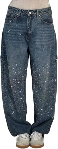 Suncadmious Damen Jeans mit hoher Taille und Strasssteinen gerade glänzend weites Bein Frühlings Mädchen-Jeans mit Strasssteinen lockere Haremsjeans (Dunkelblau,M) von Suncadmious