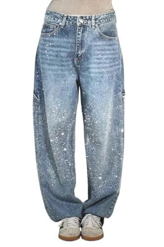 Suncadmious Damen Jeans mit hoher Taille und Strasssteinen gerade glänzend weites Bein Frühlings Mädchen-Jeans mit Strasssteinen lockere Haremsjeans (Hellblau,M) von Suncadmious