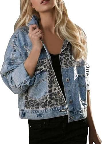 Suncadmious Damen-Jeansjacke mit Leoparden-Patchwork und Knopfleiste vorne Kurze leichte Jacke lässige lockere Jacke übergroße Jeansjacke mit Langen Ärmeln und Revers (Blau,L) von Suncadmious