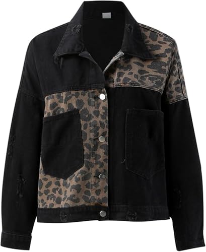 Suncadmious Damen-Jeansjacke mit Leoparden-Patchwork und Knopfleiste vorne Kurze leichte Jacke lässige lockere Jacke übergroße Jeansjacke mit Langen Ärmeln und Revers (Schwarz,XL) von Suncadmious