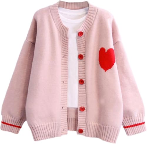 Suncadmious Damen Kawaii Herz Druck Strickjacke Langarm Button Up Herz Pullover Strickjacken Tops (Rosa,Einheitsgröße) von Suncadmious