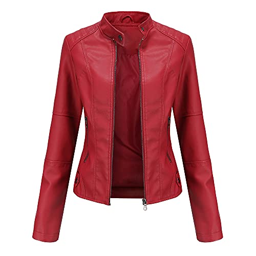 Suncadmious Damen Kunstleder Zip Up Moto Biker Jacke mit Nähten Detail (rot,M) von Suncadmious
