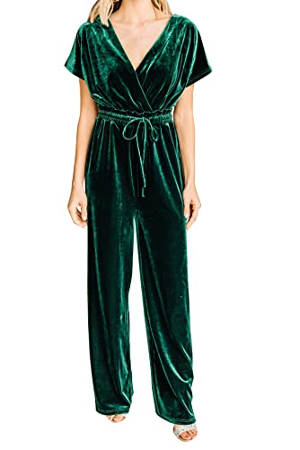 Suncadmious Damen Kurzarm Weites Bein Samt Jumpsuit Dressy V-Ausschnitt Elastische Taille Formale Jumpsuits Winter Urlaub Outfits (Grün,M) von Suncadmious