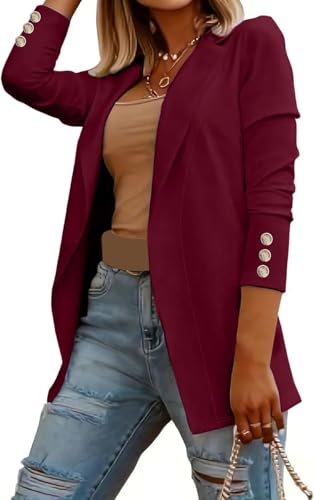 Suncadmious Damen Langarm Einfarbig Blazer Strickjacke Revers Blazer Karriere Business Arbeit Büro Langarm Blazer Jacke Blazerjacke (Burgunder,XL) von Suncadmious