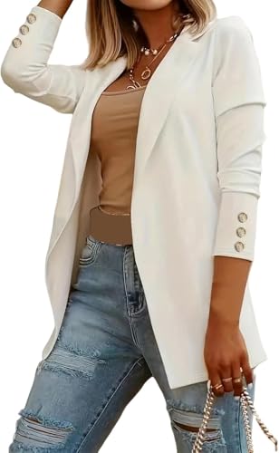 Suncadmious Damen Langarm Einfarbig Blazer Strickjacke Revers Blazer Karriere Business Arbeit Büro Langarm Blazer Jacke Blazerjacke (Weiß,S) von Suncadmious