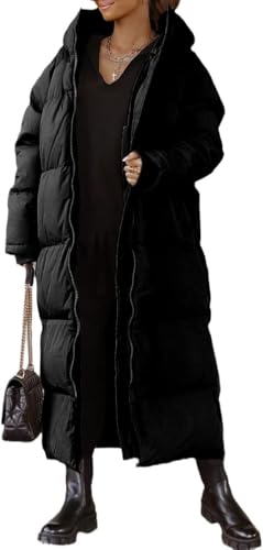 Suncadmious Damen Lange Geste mpter Mantel mit Kapuze Maxi Länge Langarm Puffer Jacke Gepolsterte Mantel Winter Oberbekleidung (Schwarz,S) von Suncadmious