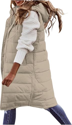 Suncadmious Damen Lange Weste ärmel los leichte Puffer Jacke verpackbar Kapuzen Mantel Stepp Weste mit Kapuze Winter (Beige,XXL) von Suncadmious