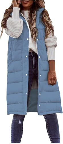 Suncadmious Damen Lange Weste ärmel los leichte Puffer Jacke verpackbar Kapuzen Mantel Stepp Weste mit Kapuze Winter (Blau,5XL) von Suncadmious