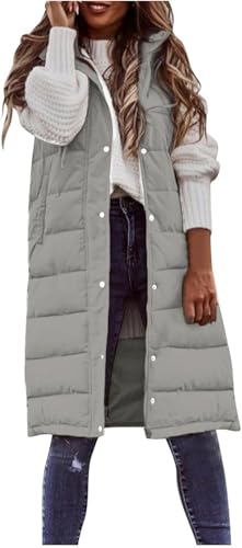 Suncadmious Damen Lange Weste ärmel los leichte Puffer Jacke verpackbar Kapuzen Mantel Stepp Weste mit Kapuze Winter (Grau,XL) von Suncadmious