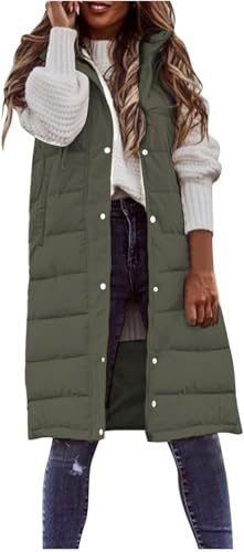 Suncadmious Damen Lange Weste ärmel los leichte Puffer Jacke verpackbar Kapuzen Mantel Stepp Weste mit Kapuze Winter (Grün,S) von Suncadmious