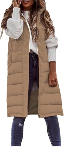 Suncadmious Damen Lange Weste ärmel los leichte Puffer Jacke verpackbar Kapuzen Mantel Stepp Weste mit Kapuze Winter (Khaki,L) von Suncadmious