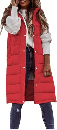 Suncadmious Damen Lange Weste ärmel los leichte Puffer Jacke verpackbar Kapuzen Mantel Stepp Weste mit Kapuze Winter (Rot,L) von Suncadmious