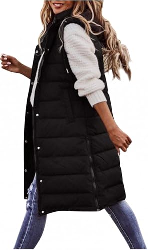 Suncadmious Damen Lange Weste ärmel los leichte Puffer Jacke verpackbar Kapuzen Mantel Stepp Weste mit Kapuze Winter (Schwarz,XL) von Suncadmious
